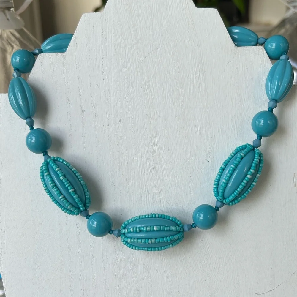 Vintage Retro Boho Aqua Chunky Beaded Necklace